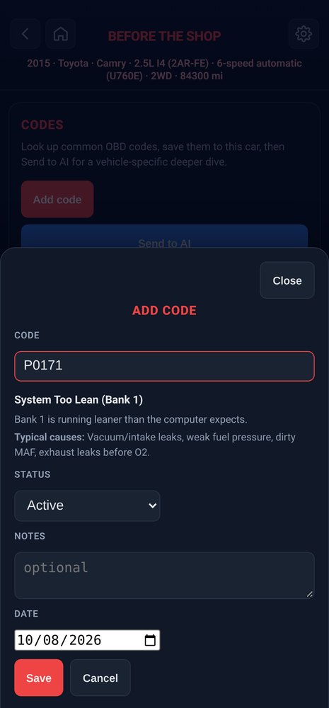 Add code sheet showing P0171 System Too Lean with typical causes
