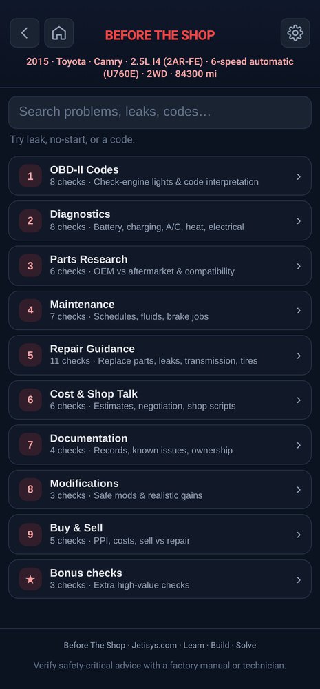 Diagnose screen with a search box and nine sections of repair checks plus bonus checks