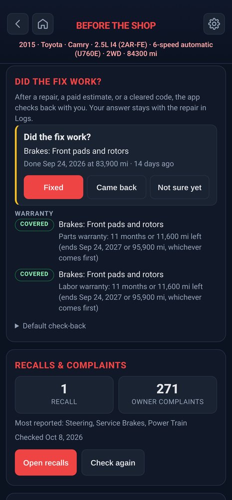 Did the fix work check-back for a brake job, with parts and labor warranty remaining