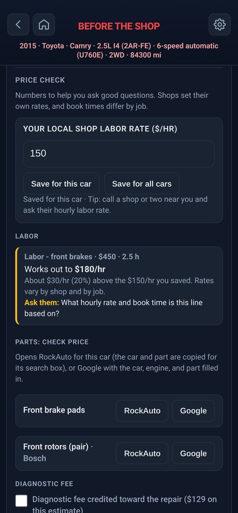 Price check showing the labor line works out to $180 an hour, with part price links