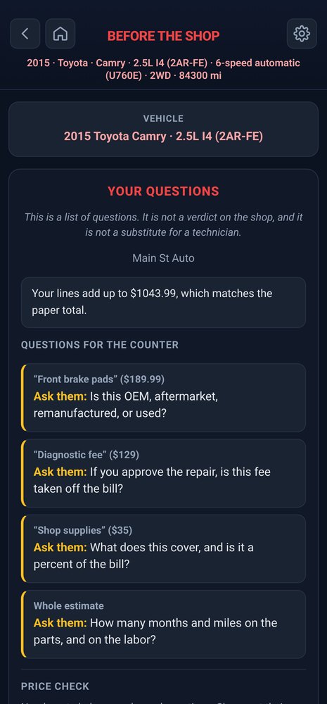 Questions to ask for each line of a brake estimate