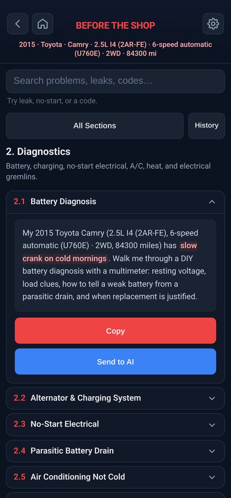 Battery diagnosis check filled in for a 2015 Camry with a slow crank on cold mornings