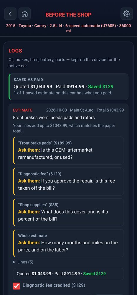Logs showing the quoted price, the price paid and the amount saved