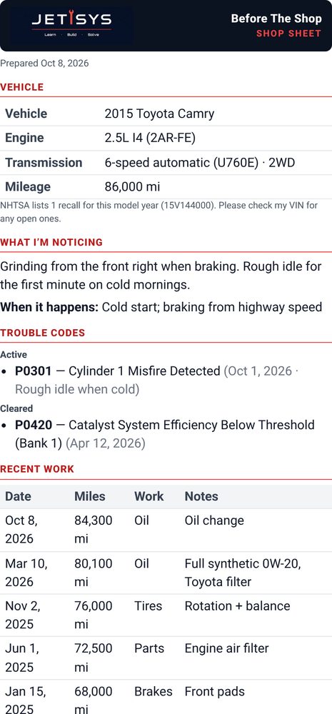 Printable Shop Sheet with vehicle, symptoms, trouble codes and recent work