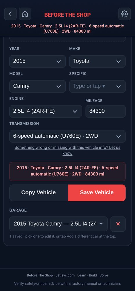 Vehicle form with year, make, model, engine and transmission picked, and a link to report wrong or missing vehicle info