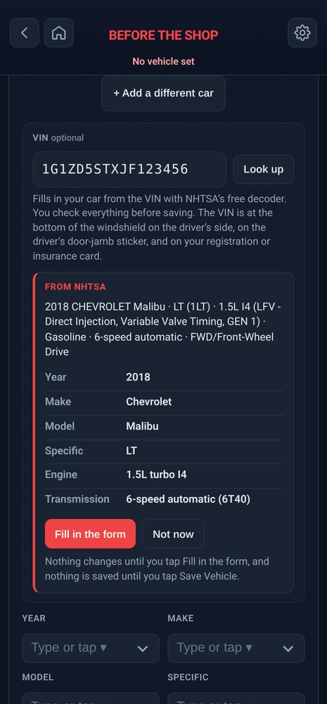 VIN decode result from NHTSA ready to fill in the vehicle form